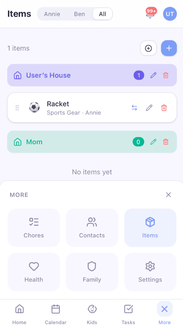 Ordyn+ item tracking between homes